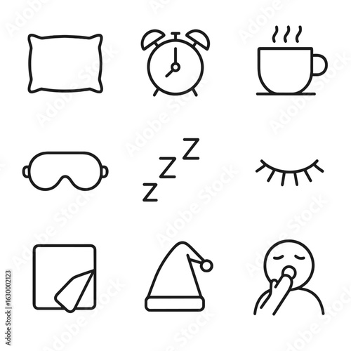 Sleepy Icons Grid. Outline icon set of sleepiness cues: bed pillow, alarm clock, coffee cup, sleep mask, snooze button, droopy