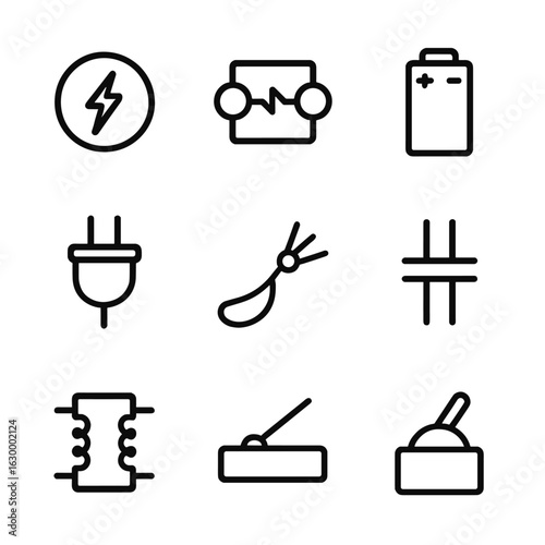 Electric Icon Set. Outline icon set of electric current: voltage, amperage, circuit, battery, power plug, electric wire, capacitor