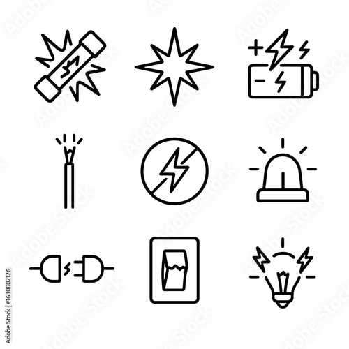 Electrical Breakdown Icons. Outline icon set of electrical breakdown: blown fuse, spark, short circuit, damaged wire, power outage