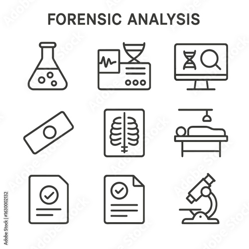 Forensic Icon Collection. Outline icon set of forensic analysis: chemical flask, chromatograph, DNA sequencing, computer analysis,