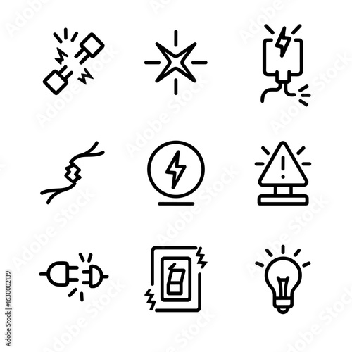 Electrical Breakdown Icons. Outline icon set of electrical breakdown: blown fuse, spark, short circuit, damaged wire, power outage