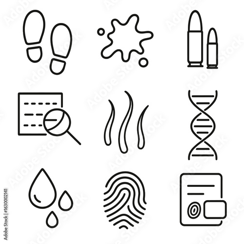 Forensic Evidence Icons. Outline icon set of forensic evidence: footprints, blood spatter, ballistic, fibers, hair strands, DNA,