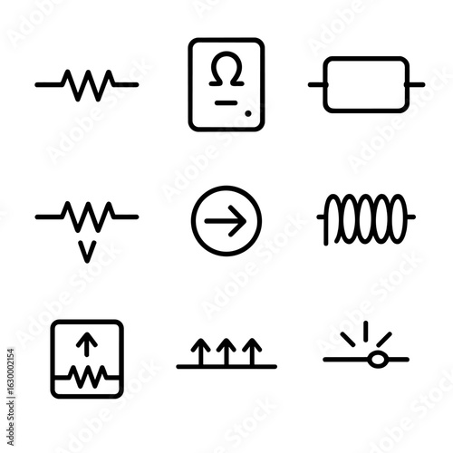 Electrical Resistance Icons. Outline icon set of electrical resistance: resistor, ohmmeter, circuit, voltage drop, current flow,