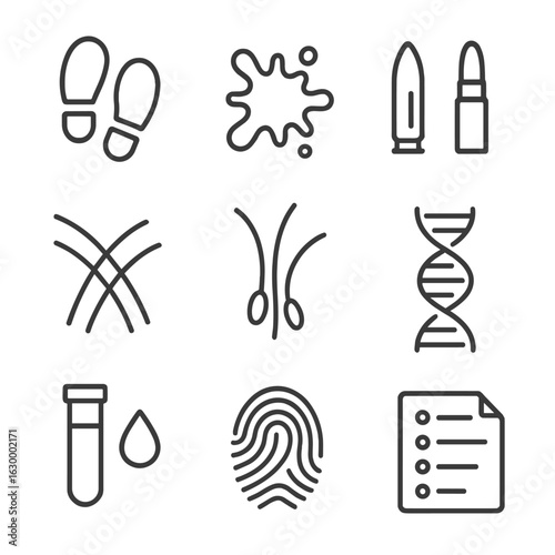 Forensic Evidence Icons. Outline icon set of forensic evidence: footprints, blood spatter, ballistic, fibers, hair strands, DNA,