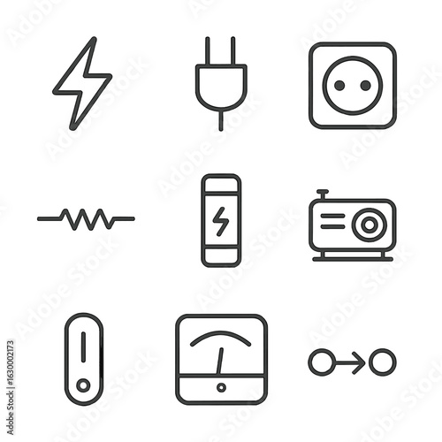 Electrical Icon Grid. Outline icon set of electrical energy: lightning bolt, electric plug, power socket, circuit, fuse, generator