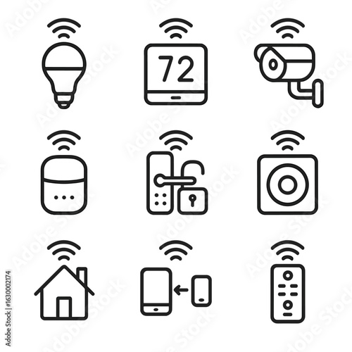 Smart & Wireless Icons Set. Outline icon set of smart home Wi-Fi devices: smart bulb with Wi-Fi, thermostat with Wi-Fi, security