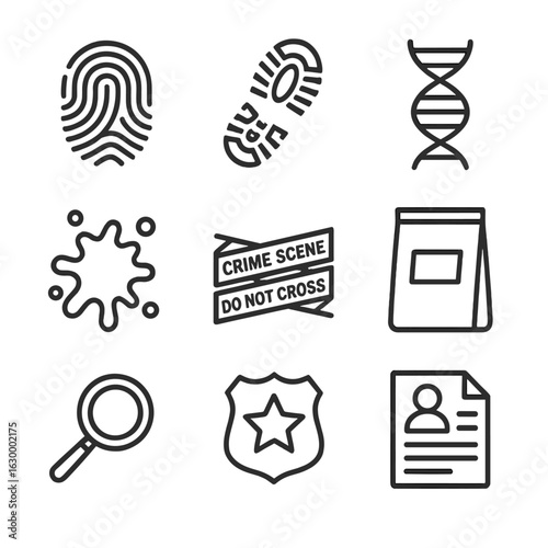 Forensic Science Icons. Outline icon set of imprint in forensic science: fingerprint evidence, shoe print, DNA sample, blood stain