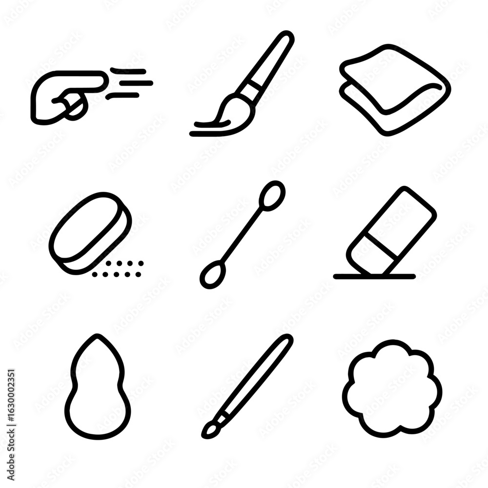 Smudge Tool Icons. Outline icon set of smudge tools: finger swipe, brush smear, cloth wipe, sponge dab, cotton swab, eraser blur,