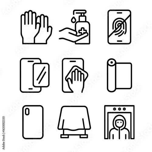 Smudge Prevention Icons. Outline icon set of smudge prevention: gloves, hand sanitizer, anti-fingerprint coating, screen protector