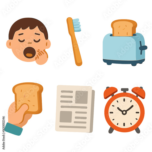 Morning Routine Icons. Flat vector mini-illustrations of morning routine in colors children’s illustrations: yawning face,