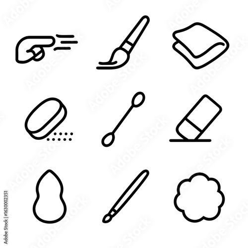 Smudge Tool Icons. Outline icon set of smudge tools: finger swipe, brush smear, cloth wipe, sponge dab, cotton swab, eraser blur,