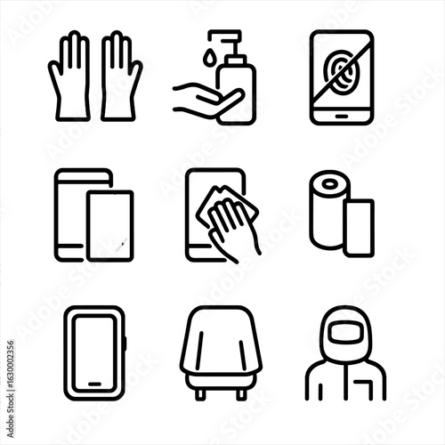 Smudge Prevention Icons. Outline icon set of smudge prevention: gloves, hand sanitizer, anti-fingerprint coating, screen protector