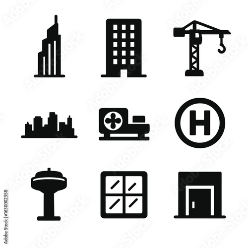 City Skyline Icons. Solid, filled icons set of city skyline elements: skyscraper silhouette, tower block,