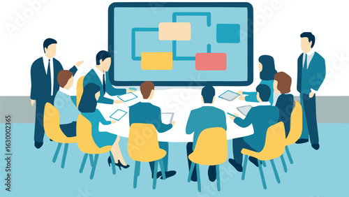 Group of people in a business meeting sitting around a table with a presentation on a screen displayed