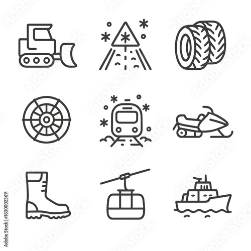 Snowstorm Transportation Icons. Outline icon set of snowstorm transportation: snowplow, ice road, snow tires, snow chains, winter