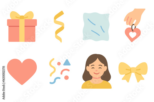 Mother's Day Unwrapping. Flat vector mini-illustrations Mother’s Day gift unwrapping in colors children's illustrations: gift box,