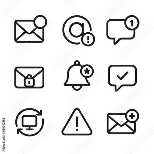 Forum Icon Set. Outline icon set of forum notifications: unread messages, mention alert, new replies, private messages,