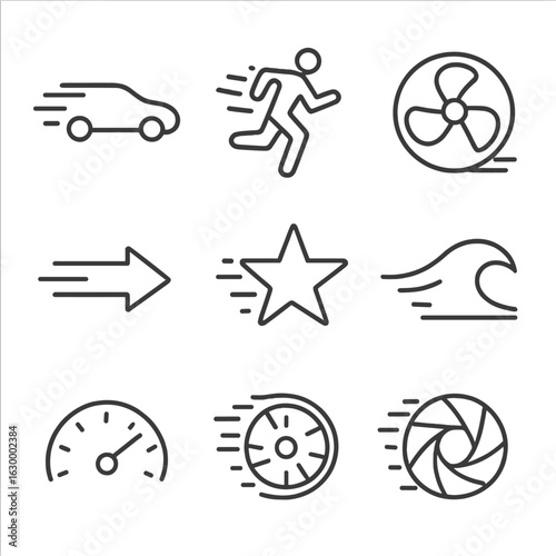 Motion Blur Icons. Outline icon set of motion blur effects: moving car silhouette, running person with trailing lines, spinning