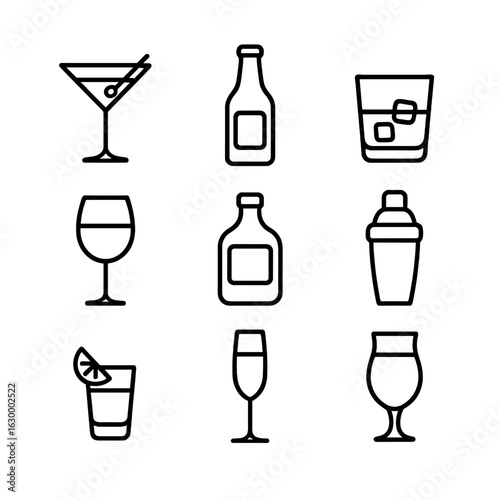 Classic Drink Icons. Outline icon set of Classic alcoholic drinks: martini glass, beer bottle, whiskey glass,