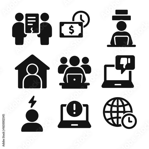 Freelance Challenges Icons. Solid, filled icon set of freelance challenges: contract dispute, payment delay, workload, isolation,