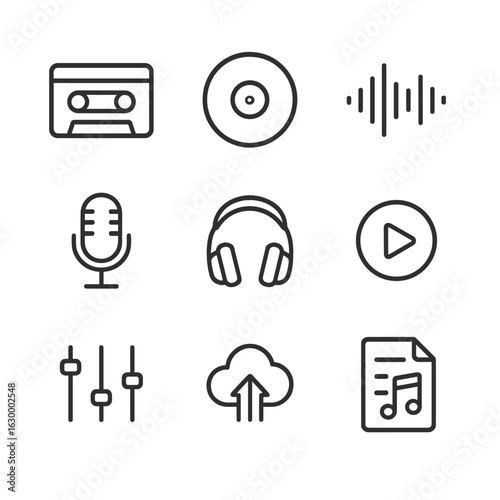 Music Icons Outline. Outline icon set of genre-blending recording symbols: cassette tape, vinyl record, digital waveform, podcast