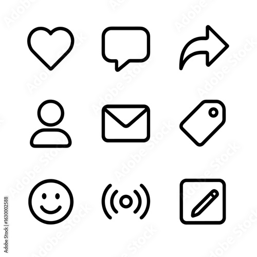 Social Media Icon Set. Outline icon set of social media interactions: like button, comment bubble, share arrow, follow person,