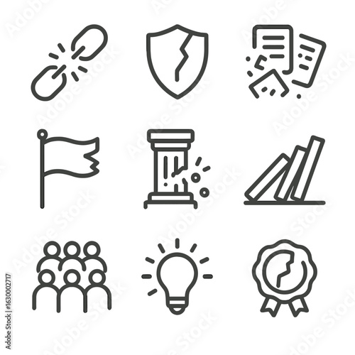 Societal Entropy Icons. Outline icon set of entropy in society: broken chain, shattered shield, scattered documents, torn flag,