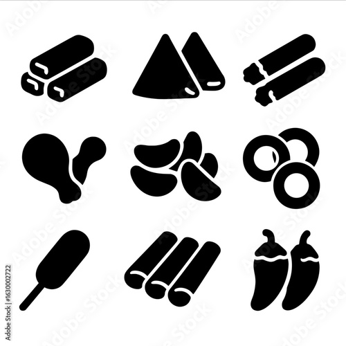 Frozen Snack Icons. Solid, filled icon set of frozen snacks: spring rolls, samosas, mozzarella sticks, chicken wings, potato