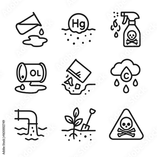 Soil Contamination Icons. Outline icon set of soil contamination and pollution: chemical spill, heavy metals, pesticide, oil spill