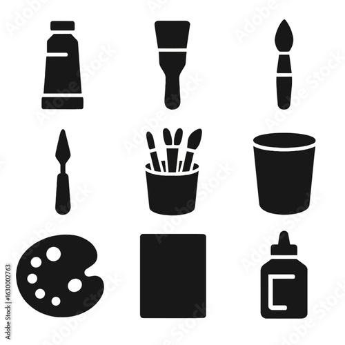 Classic Painting Icon Set. Solid, filled icons set of classic painting tools: oil tube, flat brush, round