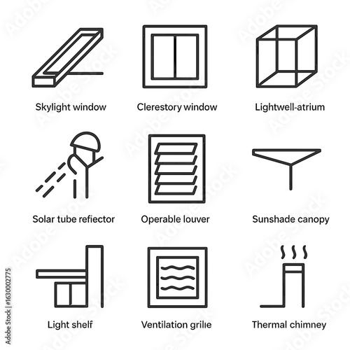 Natural Light Icons. Outline icon set of natural light and ventilation features: skylight window, clerestory window, lightwell