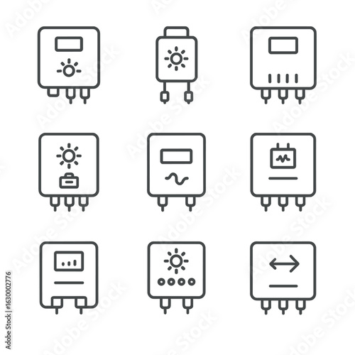 Solar Inverter Icons. Outline icon set of solar inverter types: string inverter, microinverter, central inverter, hybrid inverter,