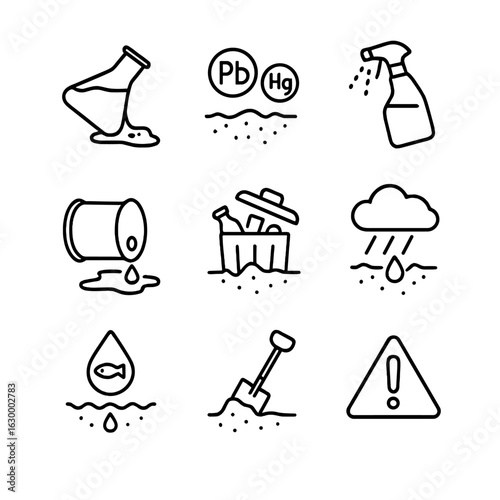 Soil Contamination Icons. Outline icon set of soil contamination and pollution: chemical spill, heavy metals, pesticide, oil spill