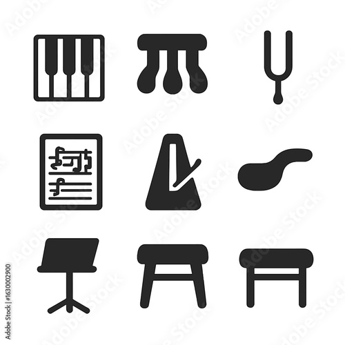 Classic Piano Icons. Solid, filled icons set of Classic piano elements: white keys, black keys, pedals, tuning