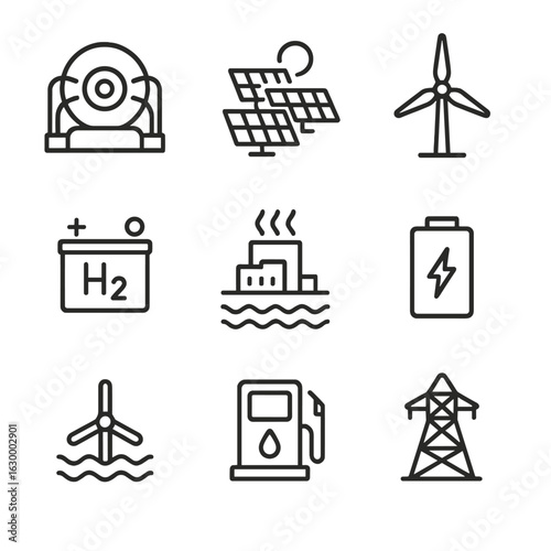 Future Energy Icons. Outline icon set of future energy sources: fusion reactor, solar farm, wind turbine, hydrogen fuel cell,