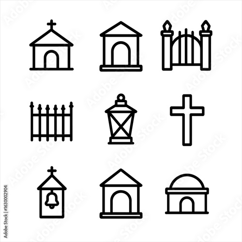 Funeral Architecture Icons. Outline icon set of funeral architecture: chapel, tomb, mausoleum, gate, fence, lantern, cross, bell