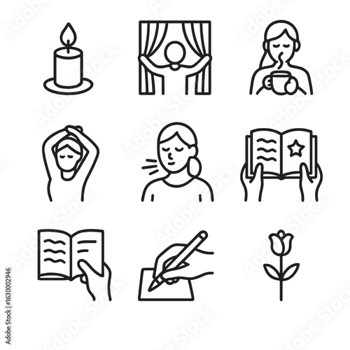 Solitude and Regulation Icons. Outline icon set of solitude rituals: lighting candle, drawing curtains, holding warm drink,