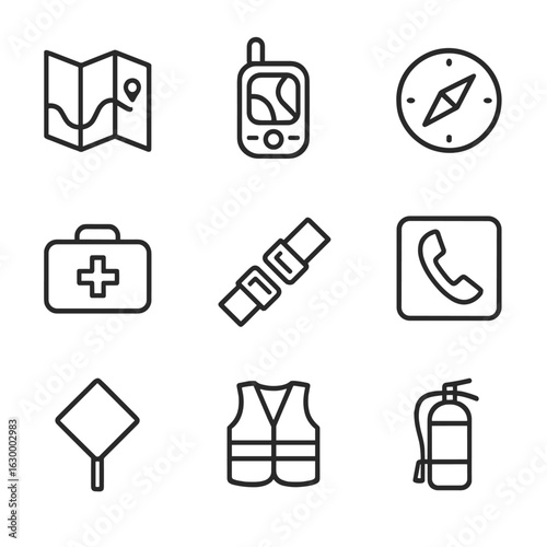 Navigation Safety Icons. Outline icon set of navigation and safety gear: paper map, GPS device, compass, first aid kit, seatbelt