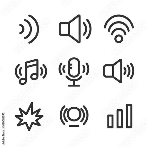 Sound Icon Set. Outline icon set of radiate sound: sound waves, speaker vibrations, echo bursts, music notes radiate, microphone