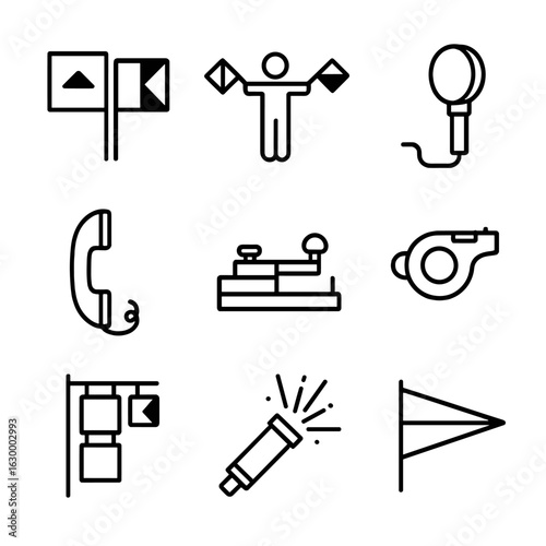 Naval Communication Icons. Outline icon set of naval communication signals: signal flags, semaphore flags, signal lamp, radio