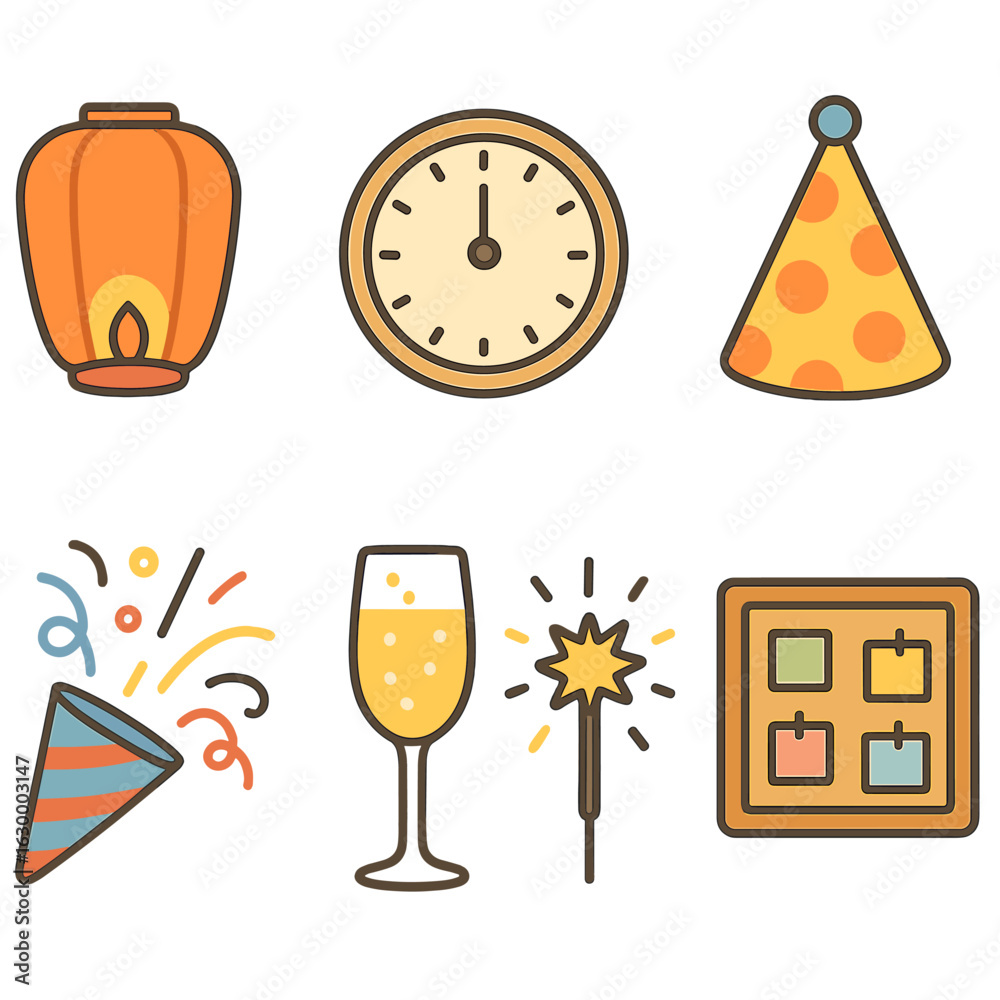 Fototapeta premium New Year Icons. Flat vector mini-illustrations unique New Year traditions in colors children's illustrations: paper lantern,
