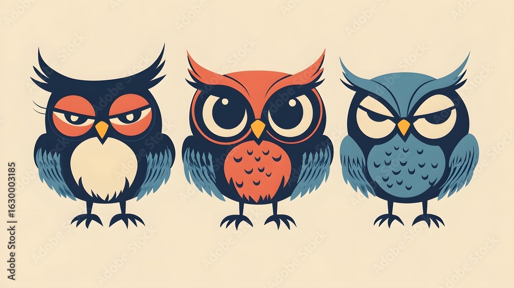 Fototapeta premium Digital illustration of three stylized, cartoon owls with expressive, angry faces.