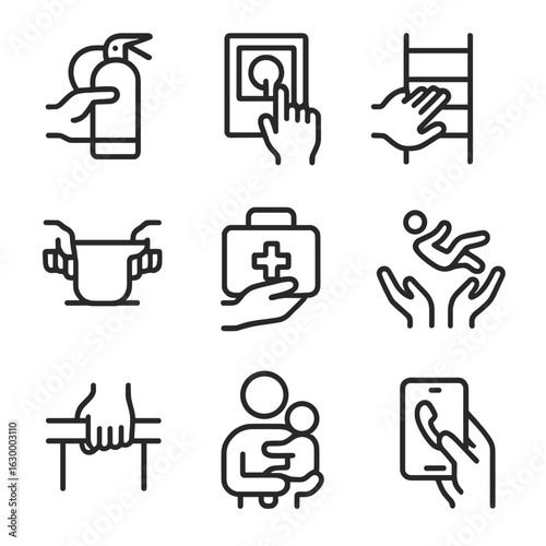 Emergency Icon Set. Outline icon set of emergency grabs: grab extinguisher, pull fire alarm, grip escape ladder, hold stretcher,