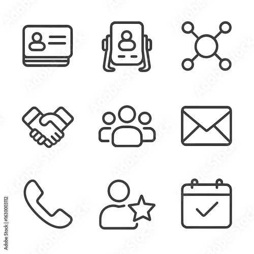 Networking Icon Set. Outline icon set of networking and introductions: business card stack, Rolodex dial, connected nodes,