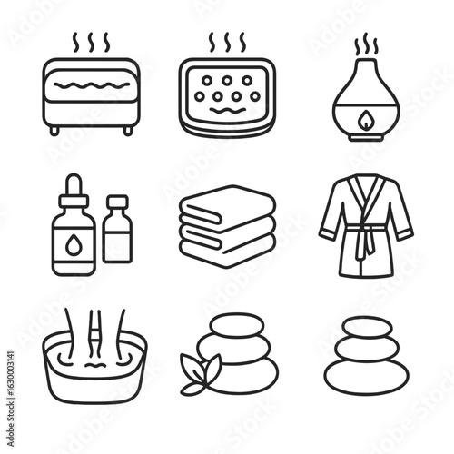 Spa Icon Set. Outline icon set of spa and luxury bath: hot tub, jacuzzi, massage jets, aromatherapy diffuser, essential oils,
