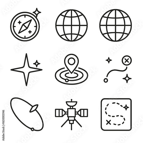 Galactic Navigation Icons. Outline icon set of galactic navigation: compass with stars, galactic coordinate grid, map projection