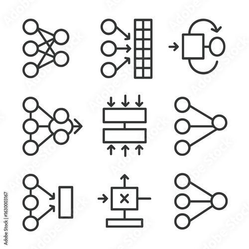 Neural Network Icon Set. Outline icon set of neural network architectures: feedforward network, convolutional layer, recurrent