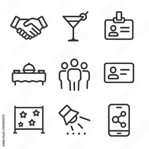 Networking Icon Set. Outline icon set of networking and social events: handshake, cocktail glass, name tag, buffet table, group of