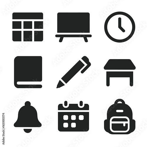 Classroom Icon Grid. Solid, filled icons set of classroom schedule: timetable, blackboard, clock, book, pen,
