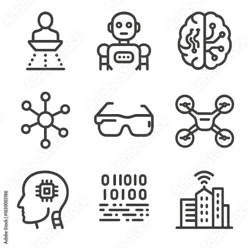 Futuristic Tech Icons. Outline icon set of futuristic technology: hologram, robot, AI brain, neural network, augmented reality